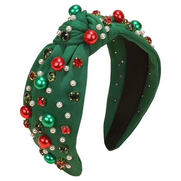 Green Pearl & Rhinestone Christmas Headband | Jeweled Knotted Hairband | Holiday - Picture 1 of 7